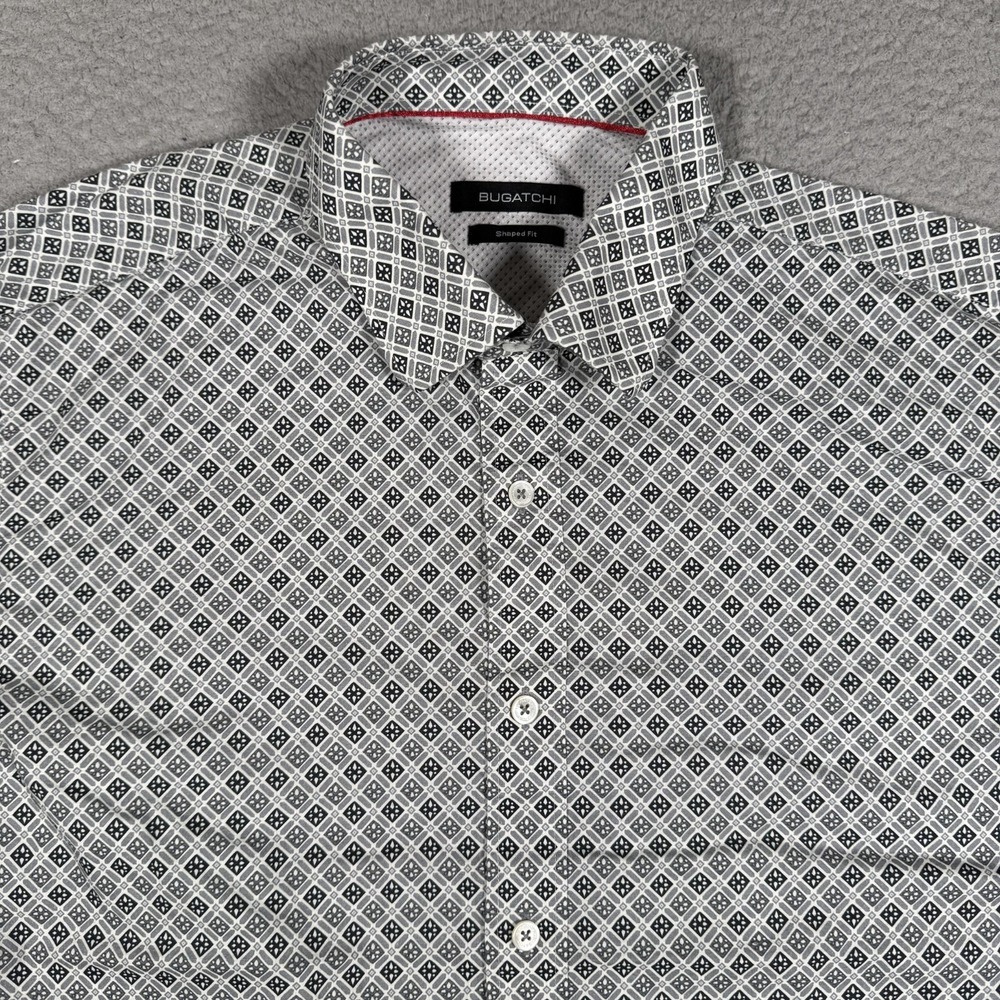 Bugatchi Shirt Mens Large Gray Geometric Shaped Fit Casual Preppy Button Up Logo
